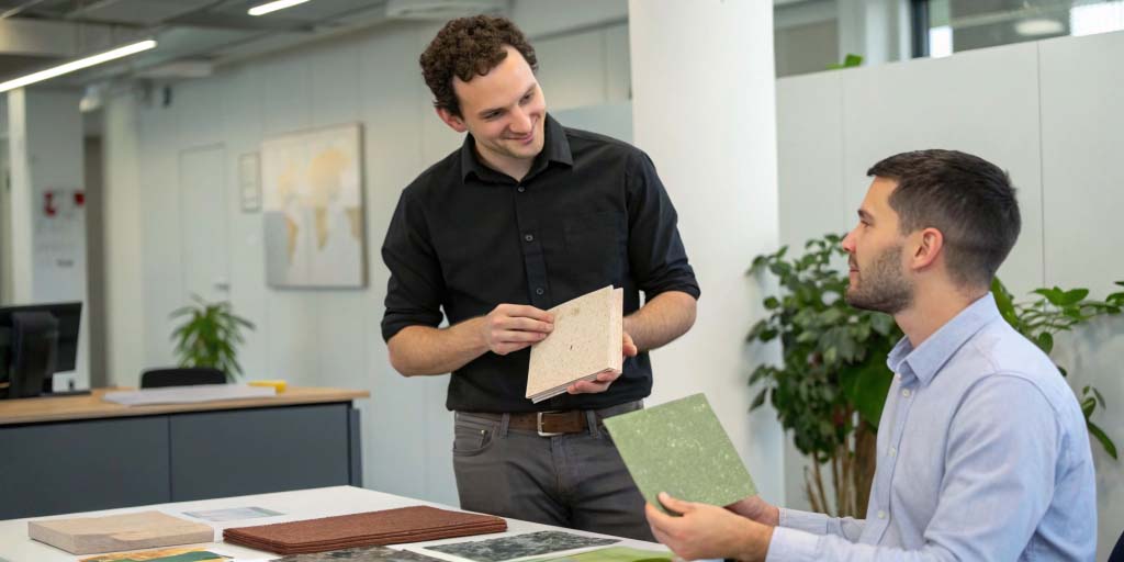 Ethan showcasing compostable packaging options to an organic food client.