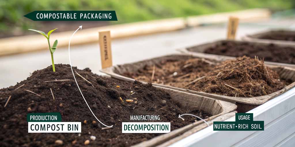 Lifecycle of compostable packaging materials by Boyue Printing.