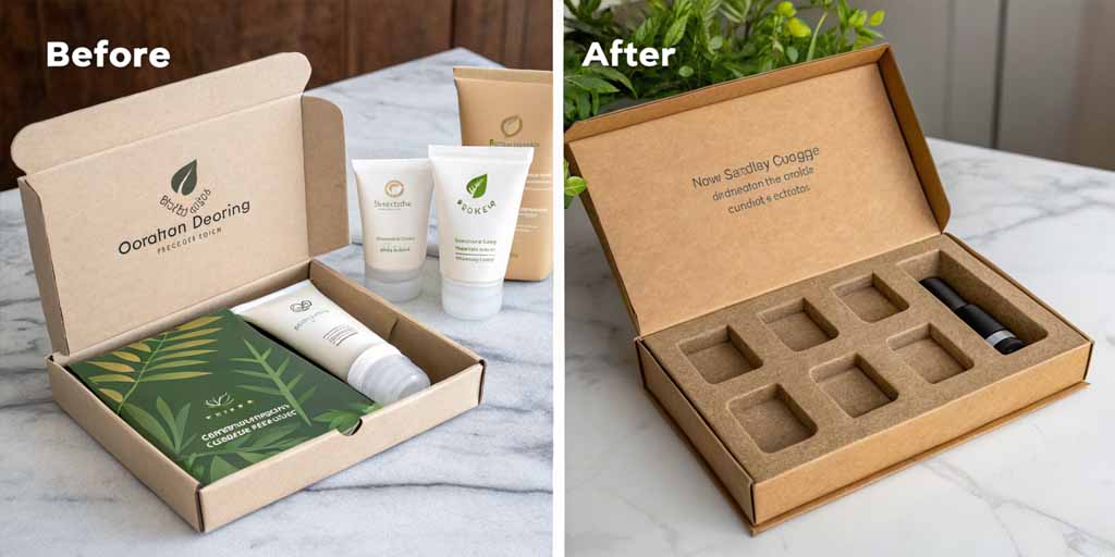 Before-and-after images showing improved packaging for a skincare brand with reduced box size.