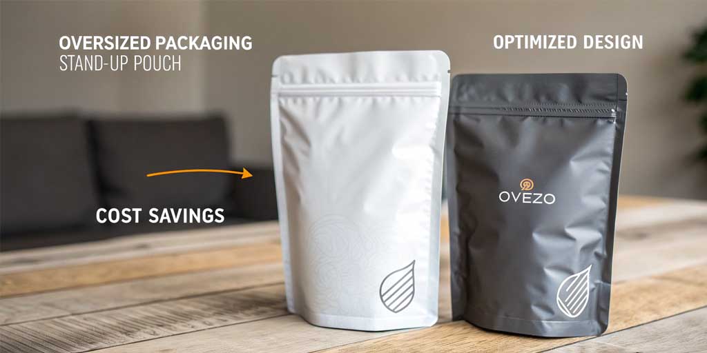 Comparison of oversized packaging versus optimized packaging showing cost savings.