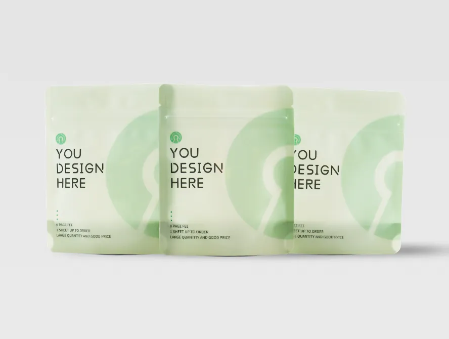 Side by side display of multiple light green stand up pouches with eco friendly branding