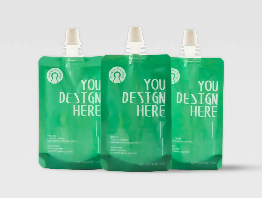 Front view of 3 liquid spout pouches