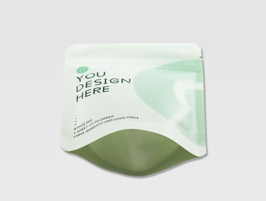 Bottom gusset view of a light green stand up pouch, emphasizing stability and flexible packaging form