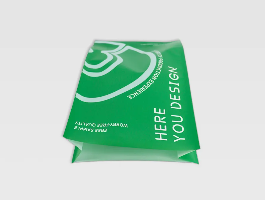 Stacked green packaging pouches displayed at an angle for 3d effect