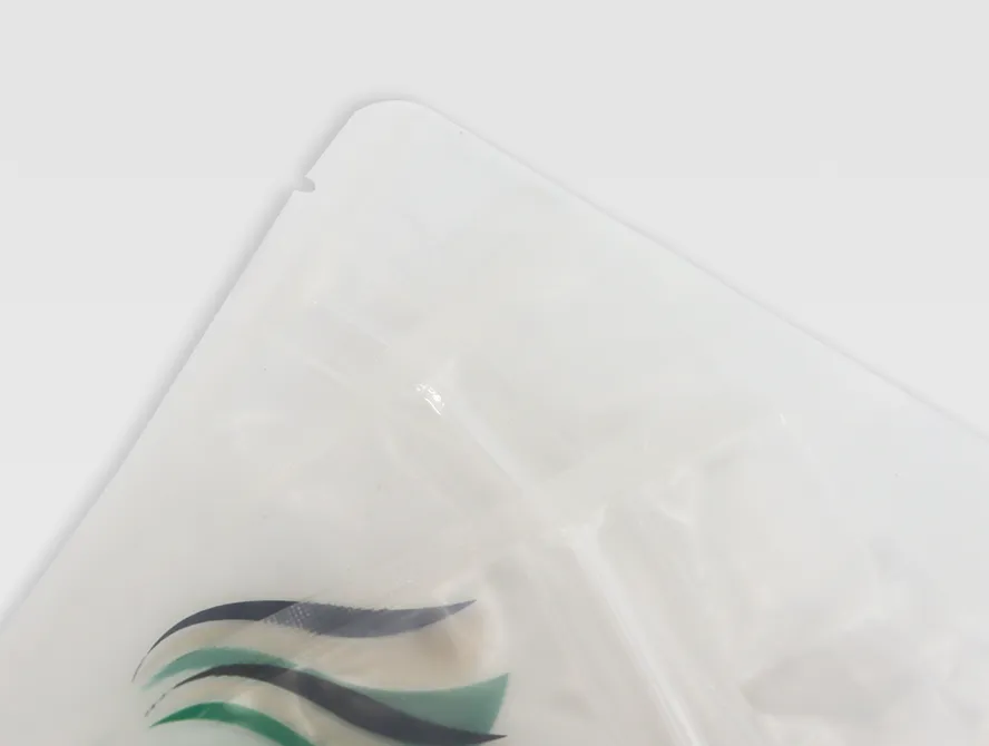 Detail view of clear stand up pouch
