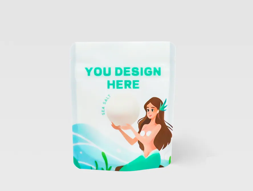 Front view of custom printed sea salt pouch with spa themed design