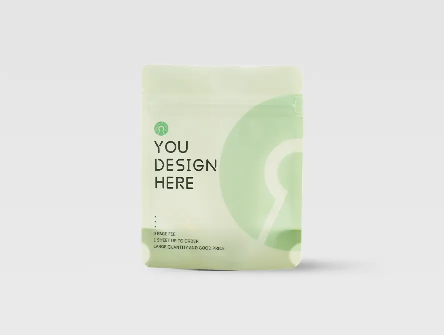 Front view of a light green stand up pouch with minimalist design and resealable zipper