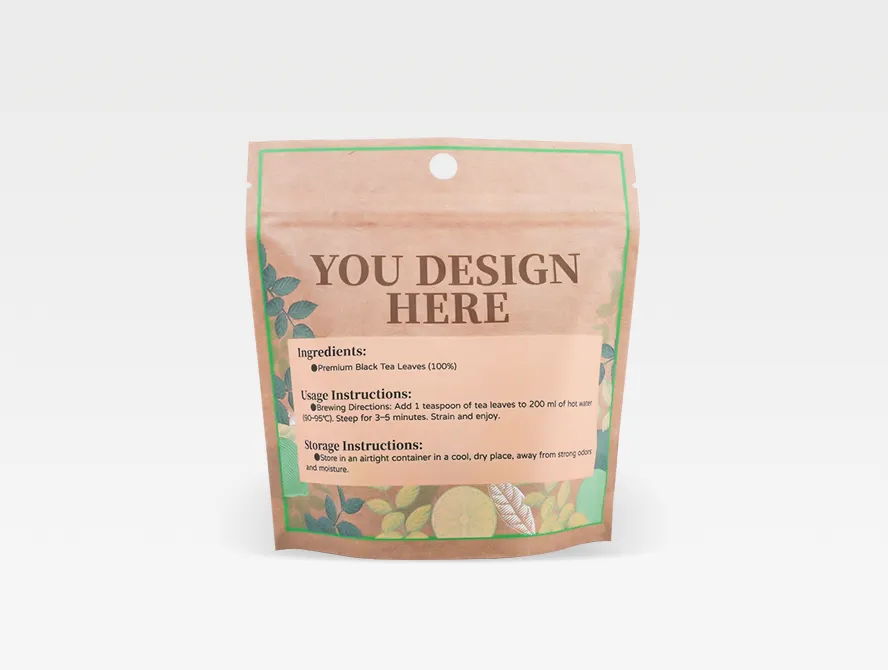 Back view of a kraft stand up tea pouch showing product information and heat sealed edges
