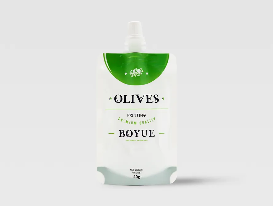Back view of custom spouted stand up pouch in white and green design