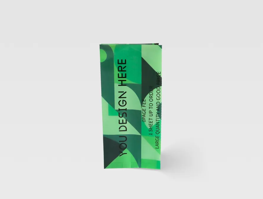 Front view of a green side gusset bag with geometric print design, standing upright on a neutral background