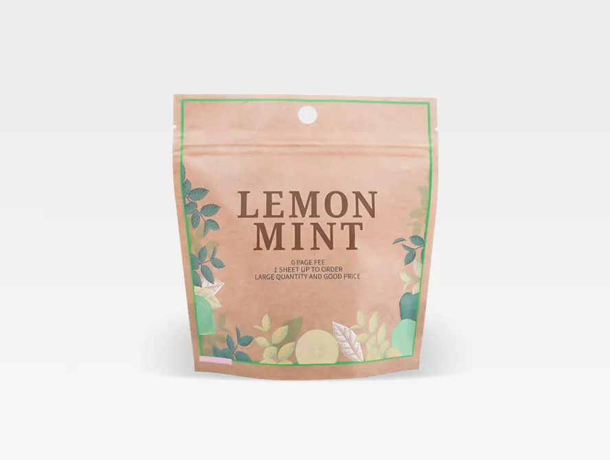 Front view of a kraft paper tea packaging bag with botanical illustrations and minimalist branding
