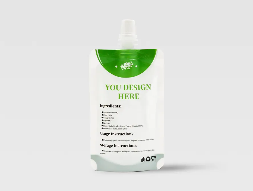 Front view of white and green spout pouch for liquid packaging with clean labeling