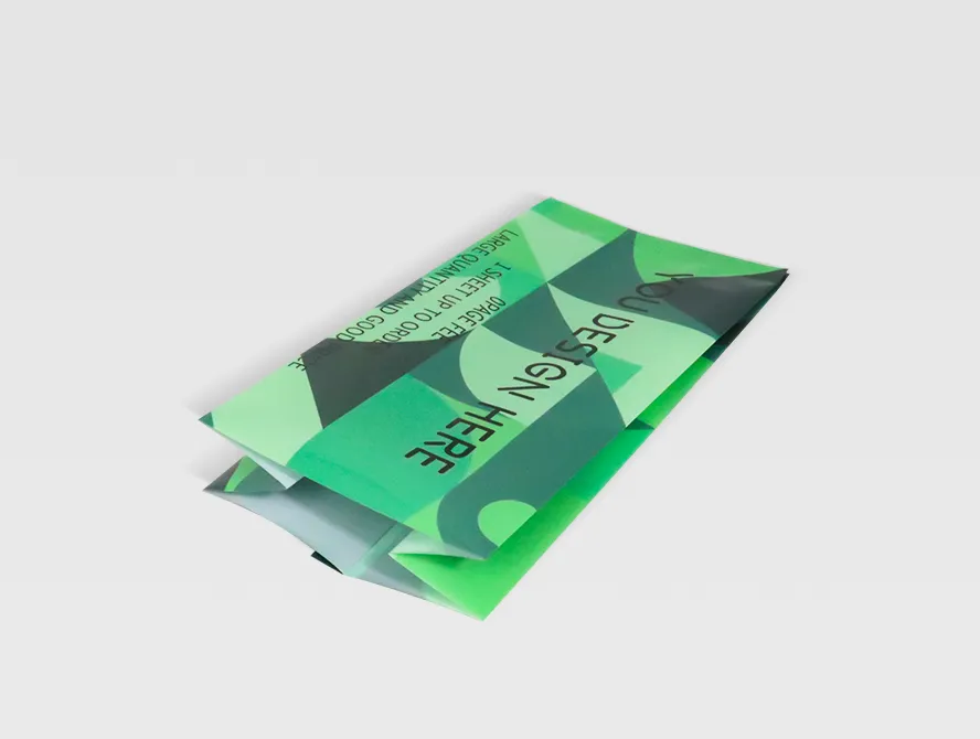 Three quarter view of a green side gusset pouch highlighting its structural folds and custom print