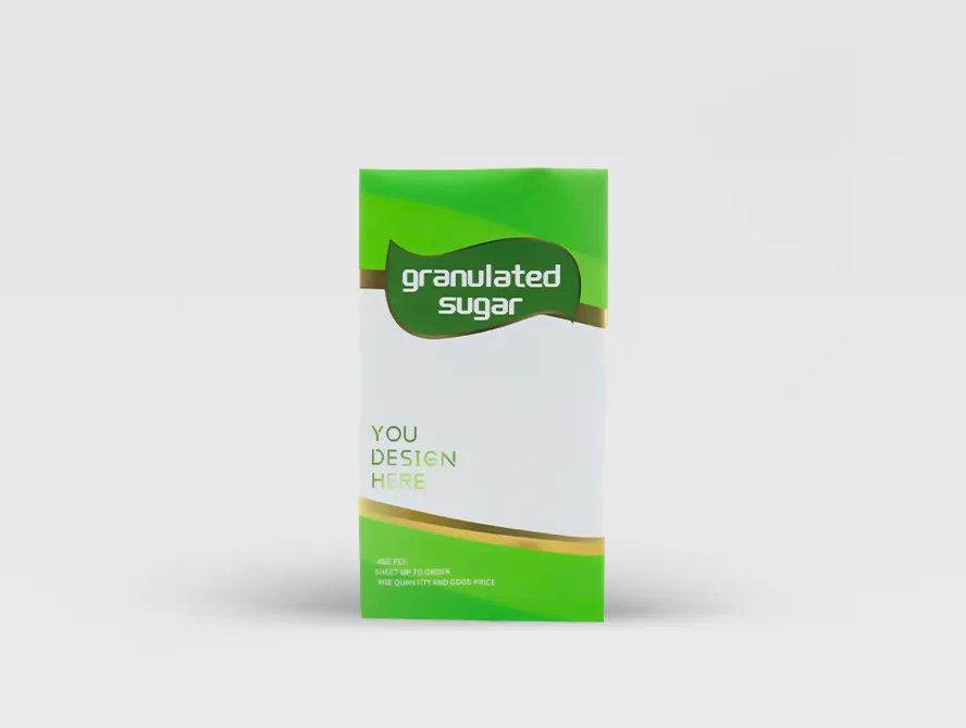 Front view of a green and white sugar packaging bag with clean design and product label
