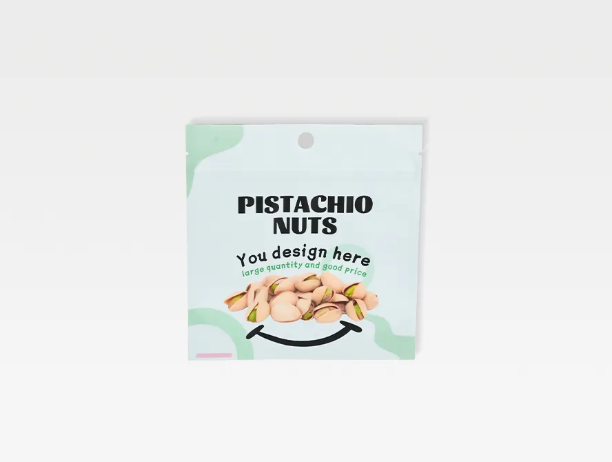 Front view of custom stand up pouch for nut packaging