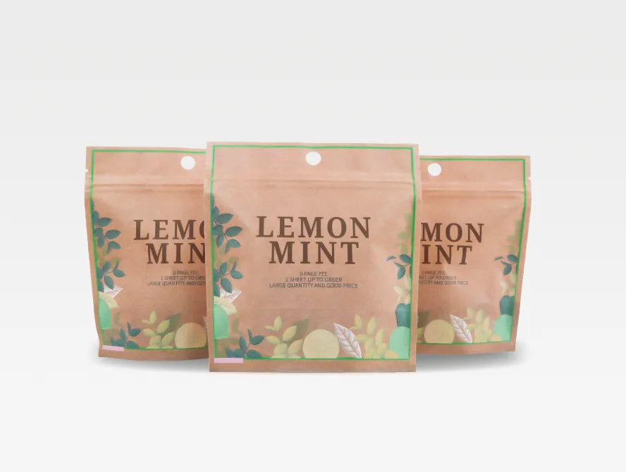 Group display of multiple kraft tea pouches standing upright with uniform design and floral elements