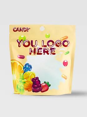 Straight front view of three custom candy bags