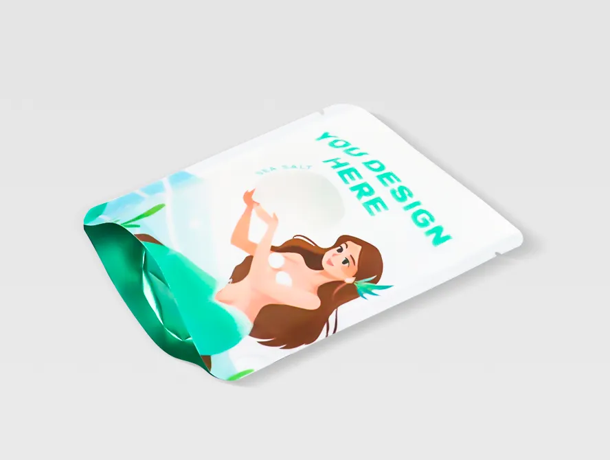 Angled view of sea salt pouch showing front design and open top