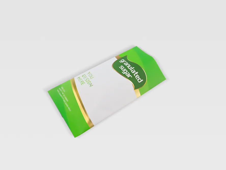 Angled view of a sugar packaging pouch showing front and side panels with green accents