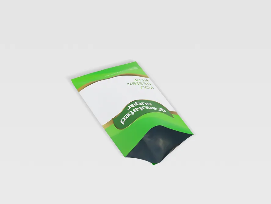 Perspective shot of a flexible sugar packaging bag, slightly open to show gusset structure