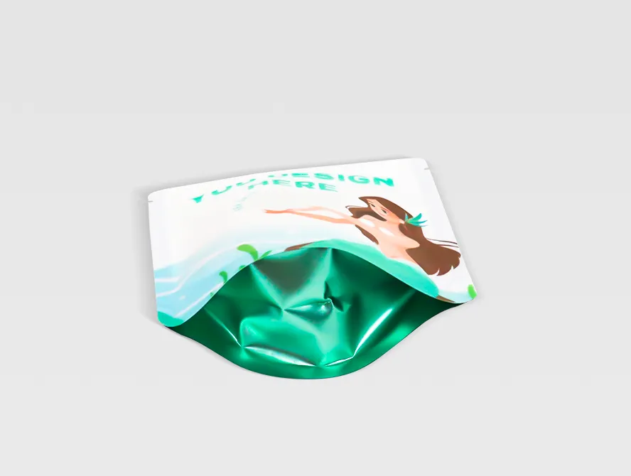 Opened sea salt pouch displaying metallic green interior and product detail