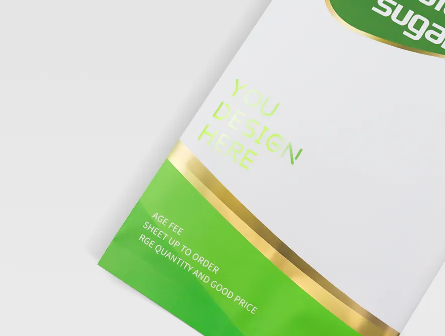 Close up of the top section of a sugar packaging bag, showing branding and clean color contrast