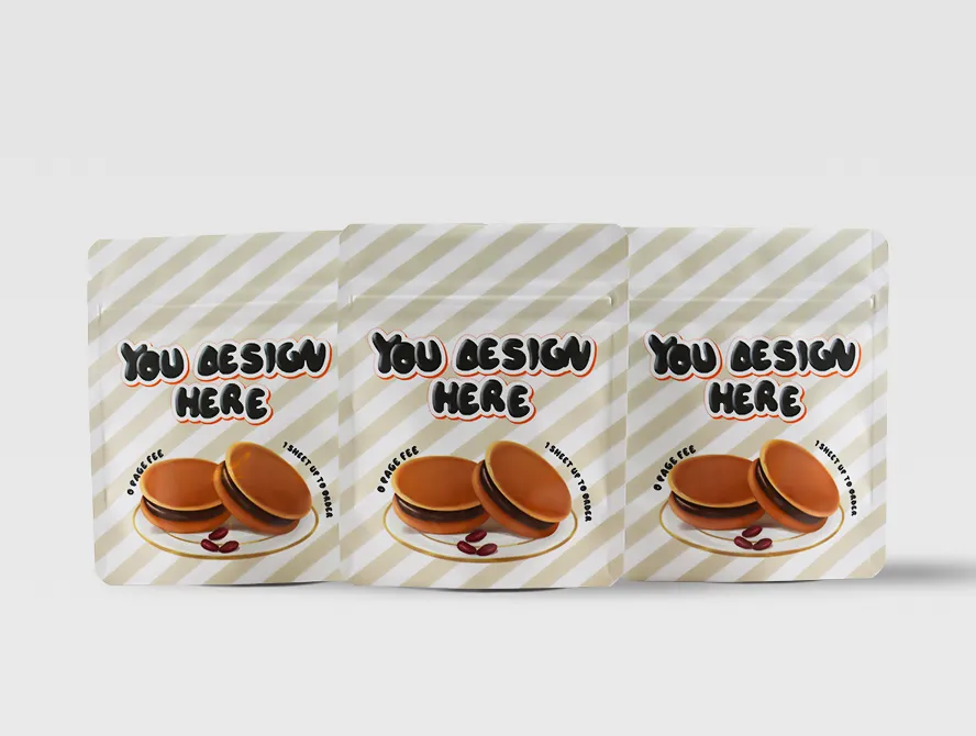 Front view of three cookie packaging bags
