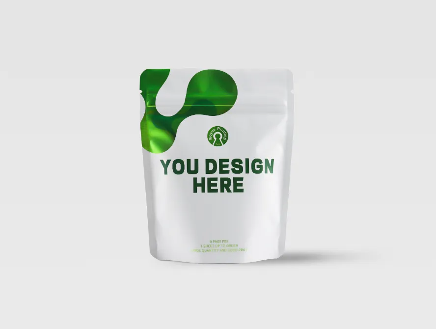 Front view of custom stand up pouch with green abstract design