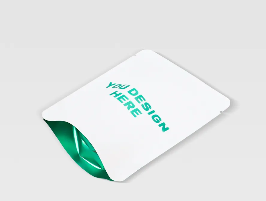 Custom sea salt packaging bag partially open with green inner lining visible
