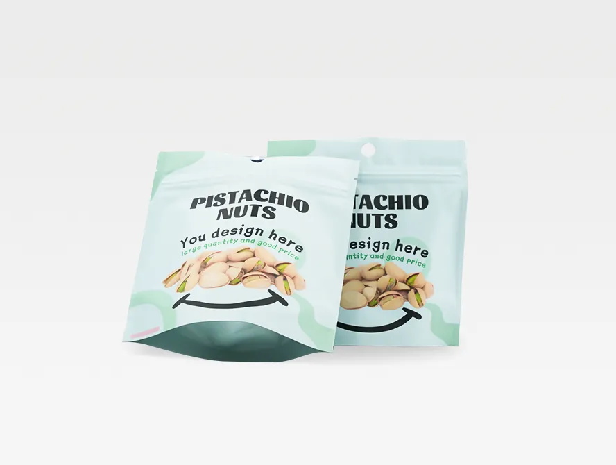 Two custom stand up pouches side by side for food packaging
