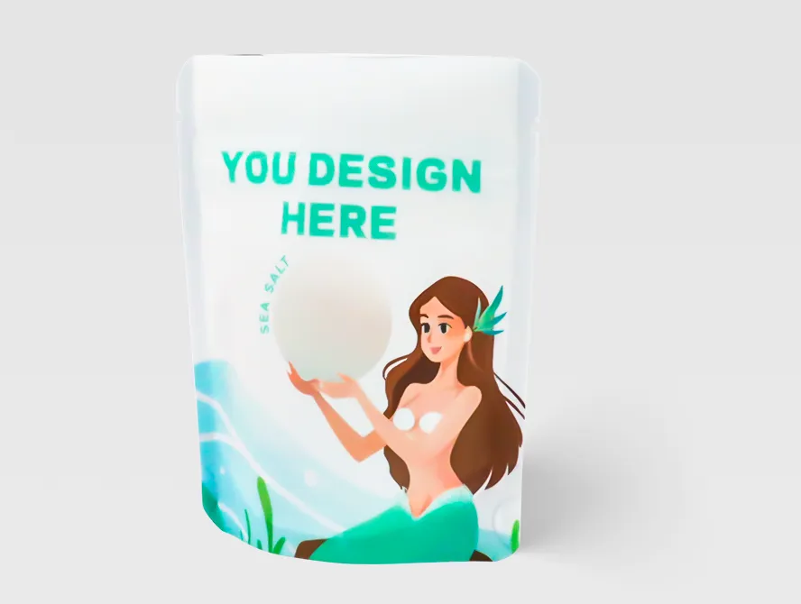 Personalized bath salt pouch featuring a woman and wellness inspired artwork