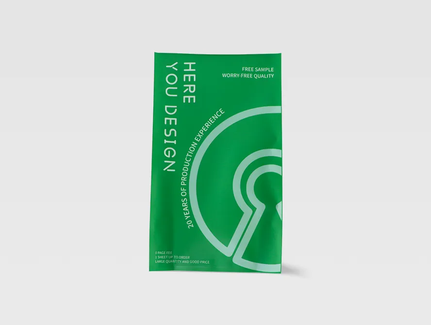 Front view of custom green packaging bag with minimalist white design