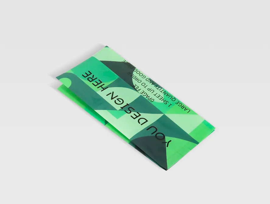 Perspective view of a glossy green gusset bag, showcasing fold out sides and modern packaging design.