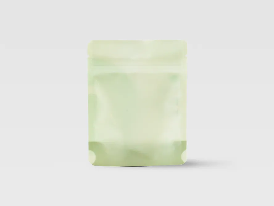 Back view of a translucent stand up pouch in light green tone, showing product seams and zipper closure