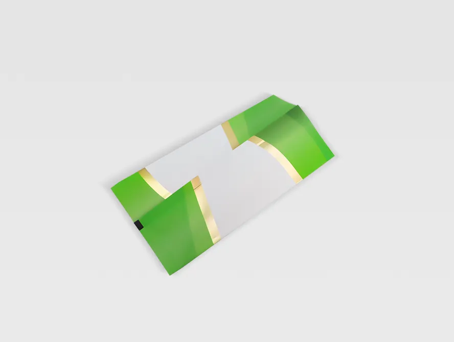 Side view of a sealed sugar pouch with a curved green accent and compact food grade design