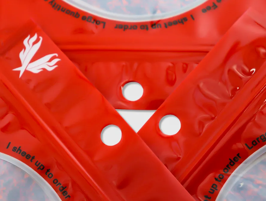 Close up of matte red spice pouch with zip lock detail
