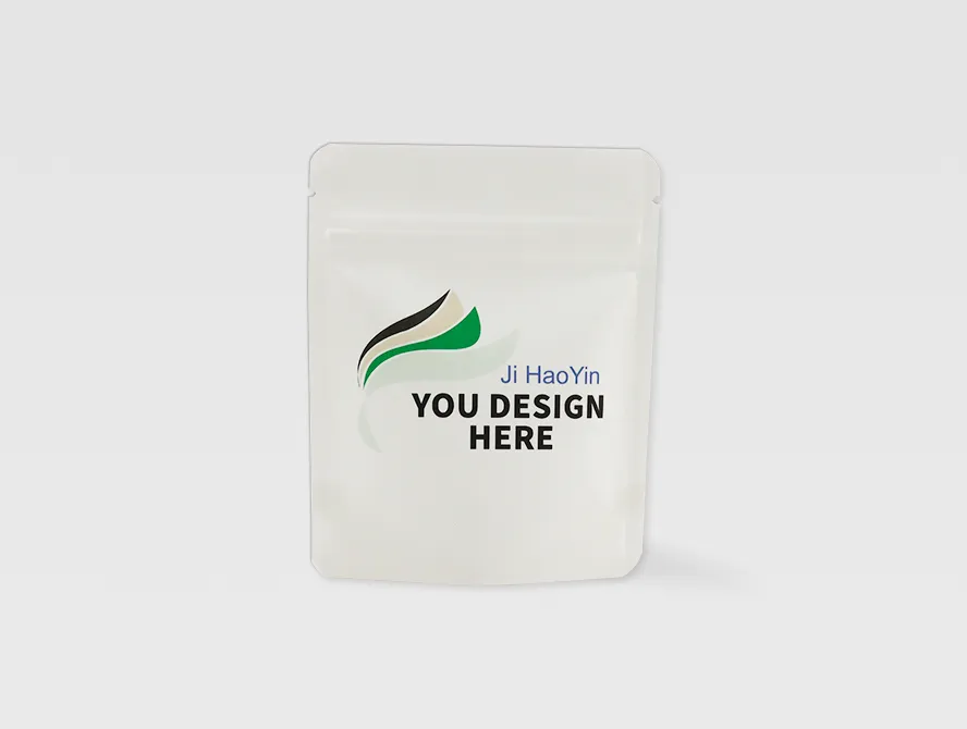 Front view of a plain white ziplock kraft paper bag with stand up bottom and resealable closure