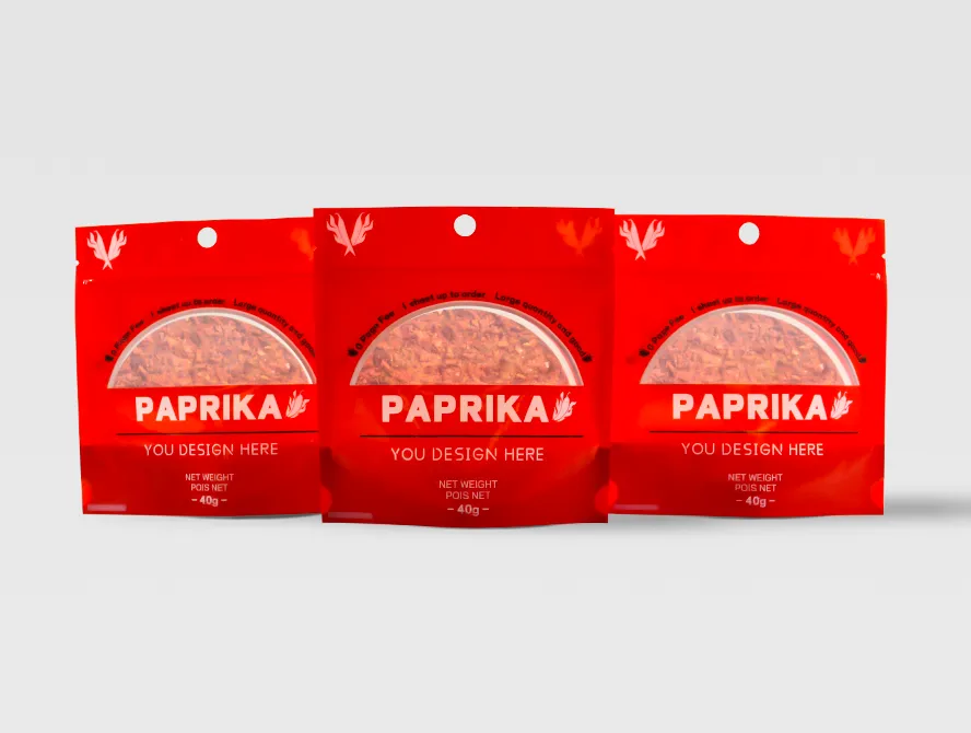 Row of paprika spice pouches with consistent branding