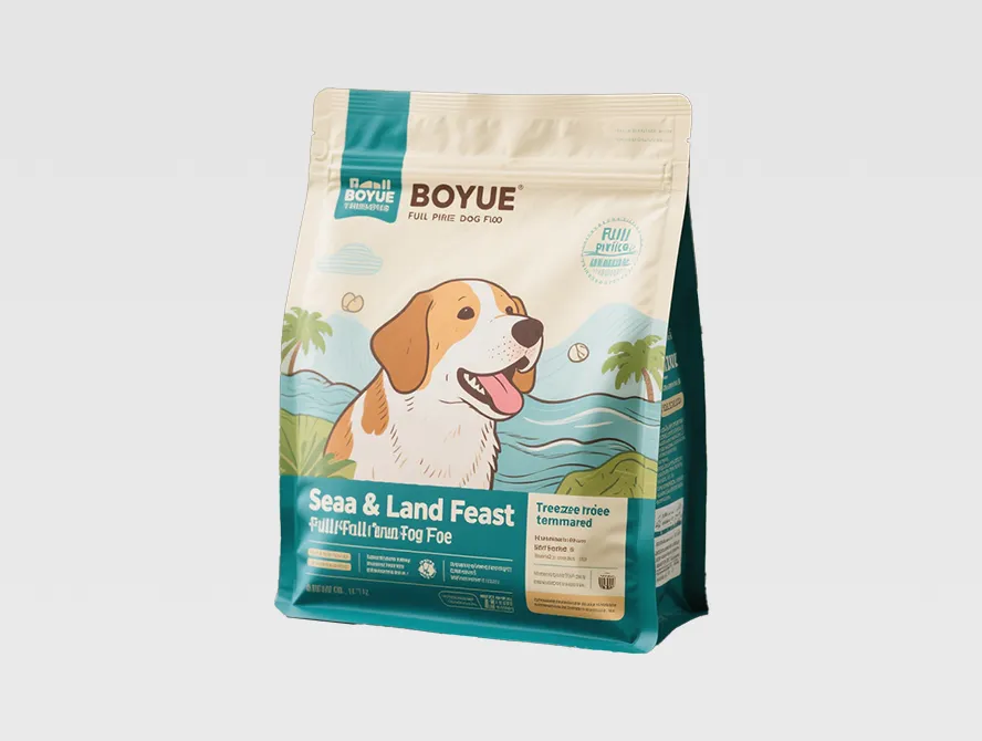 Pet food bag with pet image and blue label design
