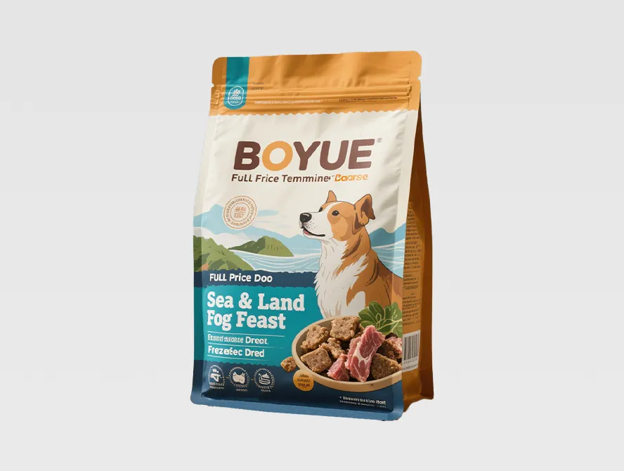 Brown pet food pouch with dog illustration and product info