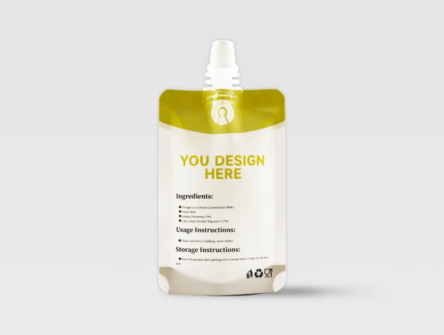 Custom juice drink pouch with spout front view