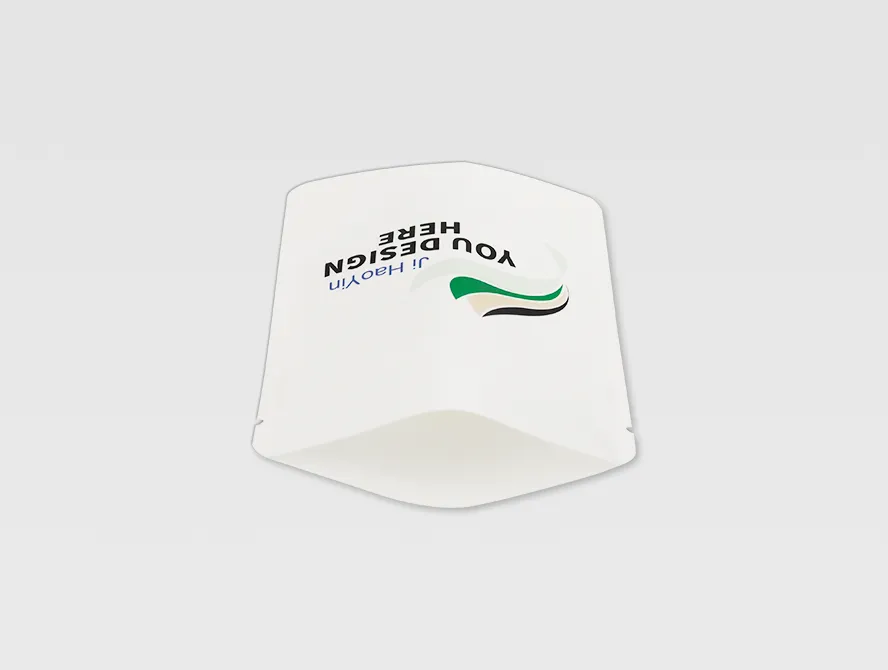 Perspective shot of a resealable white kraft paper bag lying flat with visible zipper seam