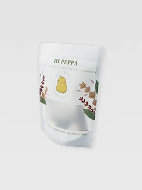 Stand up pouch with see through window and botanical print