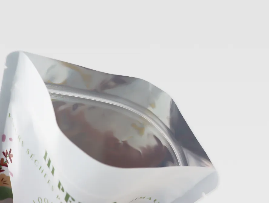 Open stand up pouch with window showing inner foil lining