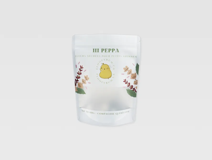 Front view of custom stand up pouch with window and herbs print
