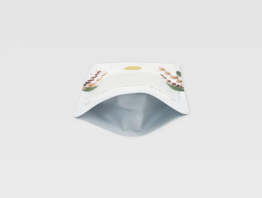 Bottom view of stand up pouch with wide gusset and window