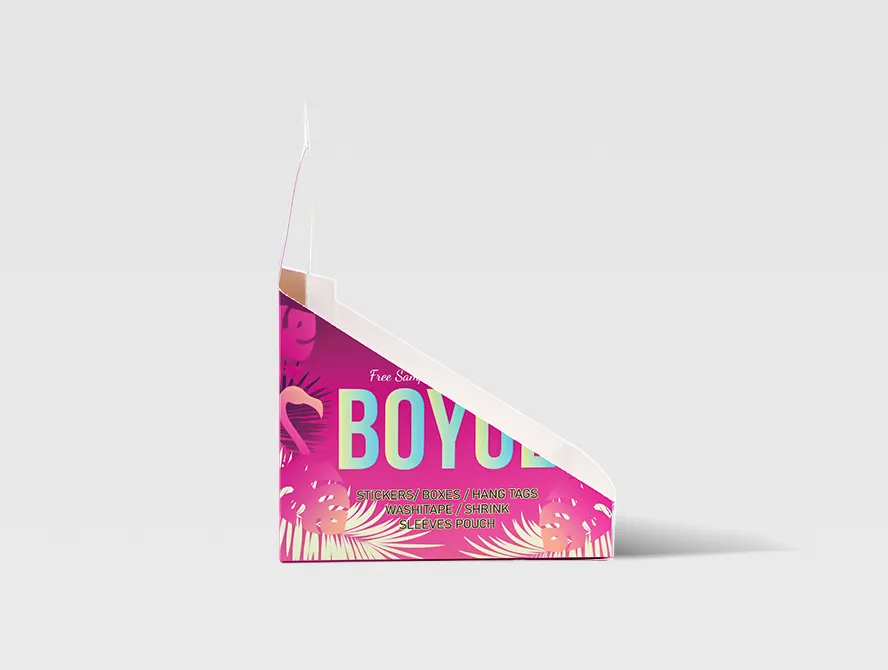 Slanted cardboard display box with pink graphics