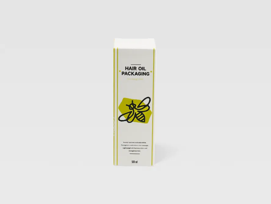 Yellow hair oil box with product logo and design