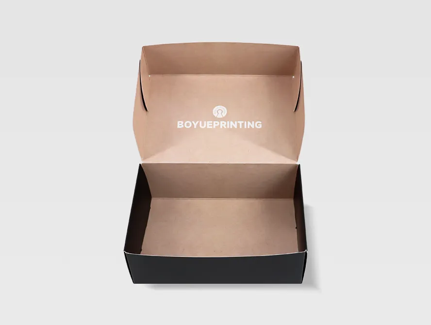 Opened mailer box with sleek black design