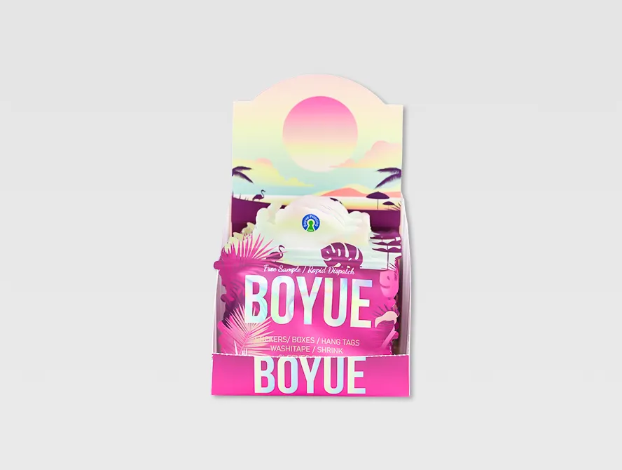 Cardboard display box with vibrant brand artwork